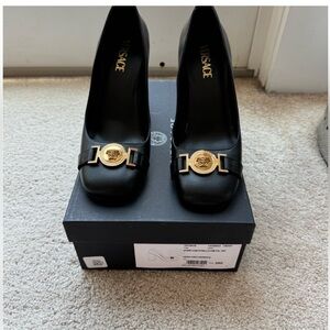 Versace Black and Gold Stiletto Heels with Gold Accent